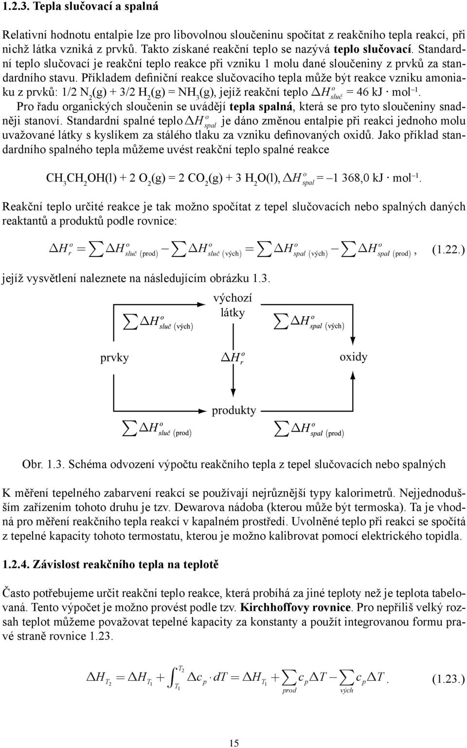 Příkladem definiční reakce slučovacího tepla může být reakce vzniku amoniaku z prvků: 1/2 N 2 (g) + 3/2 H 2 (g) = NH 3 (g), jejíž reakční teplo H o = 46 kj sluč mol 1.