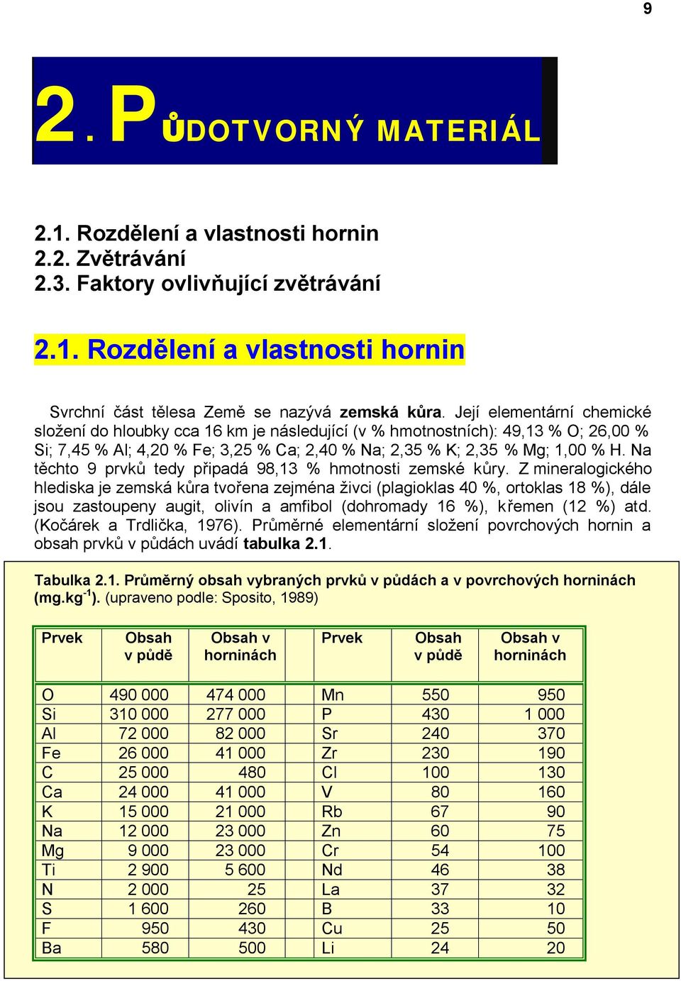 Na těchto 9 prvků tedy připadá 98,13 % hmotnosti zemské kůry.