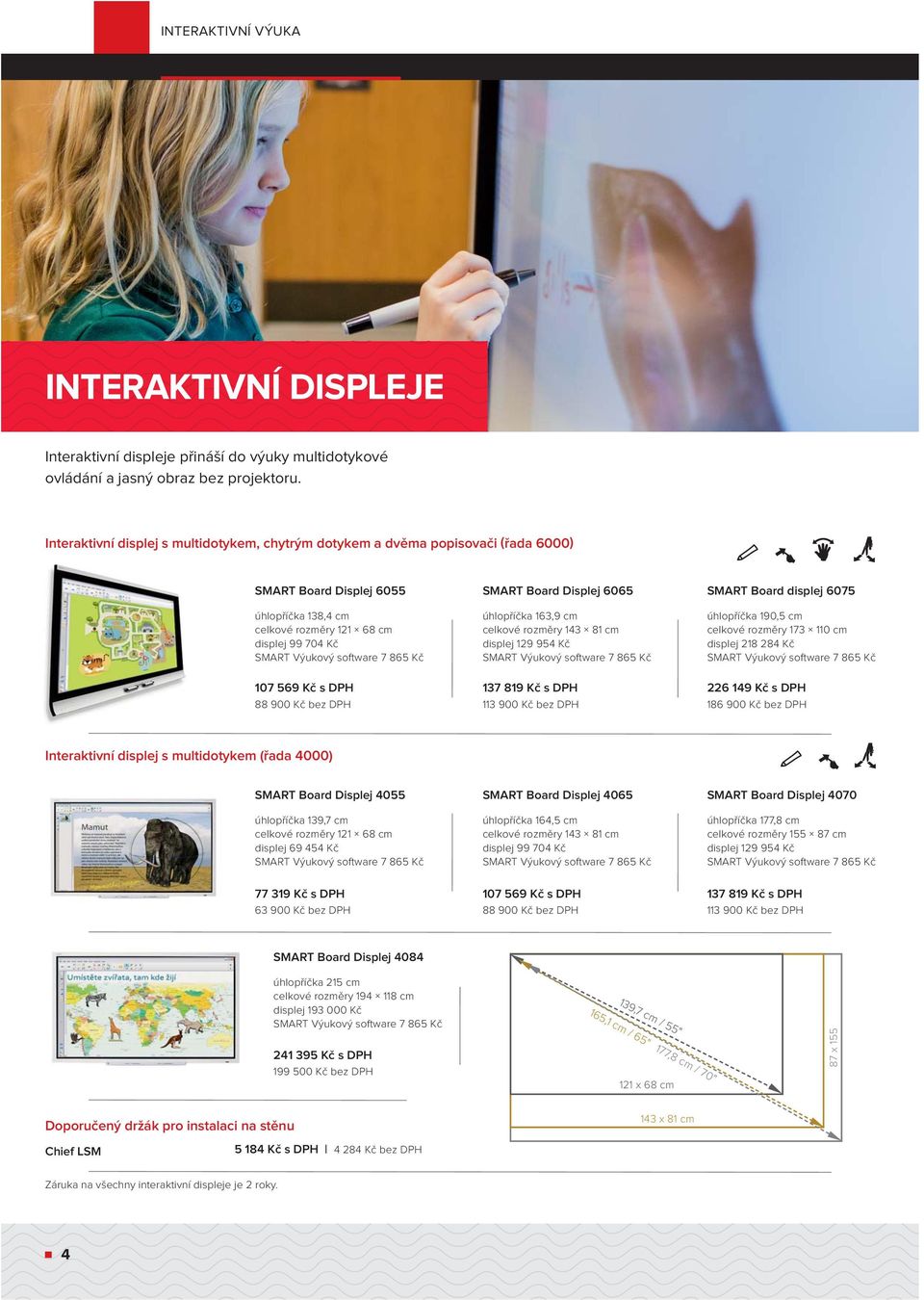 bez DPH SMART Board Displej 6065 úhlopříčka 163,9 cm celkové rozměry 143 81 cm displej 129 954 Kč 137 819 Kč s DPH 113 900 Kč bez DPH SMART Board displej 6075 úhlopříčka 190,5 cm celkové rozměry 173