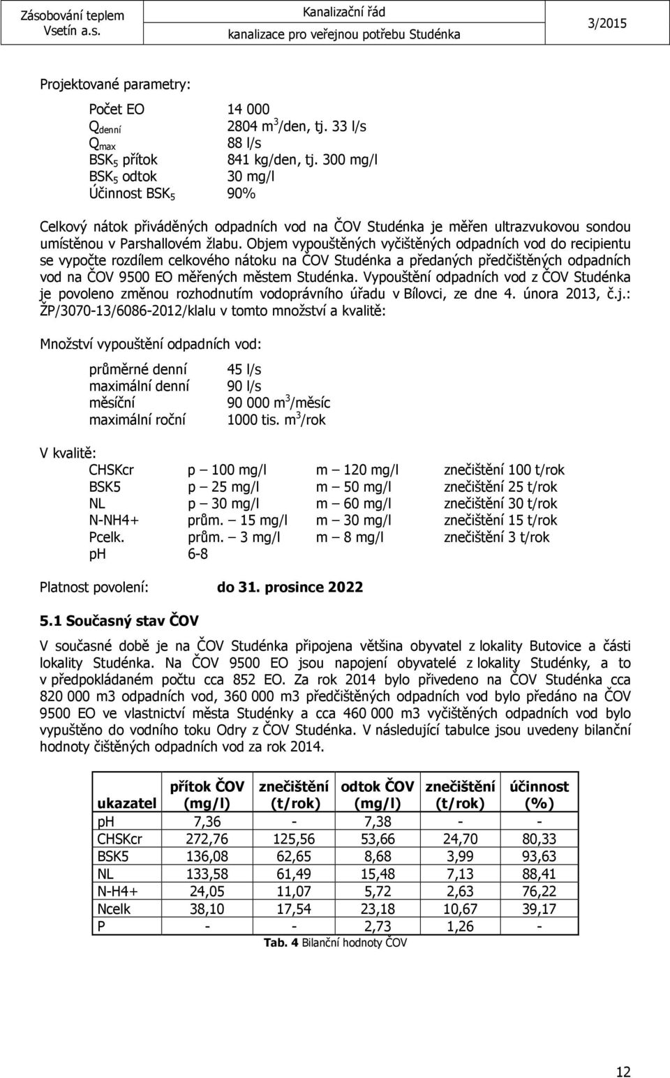 Objem vypouštěných vyčištěných odpadních vod do recipientu se vypočte rozdílem celkového nátoku na ČOV Studénka a předaných předčištěných odpadních vod na ČOV 9500 EO měřených městem Studénka.