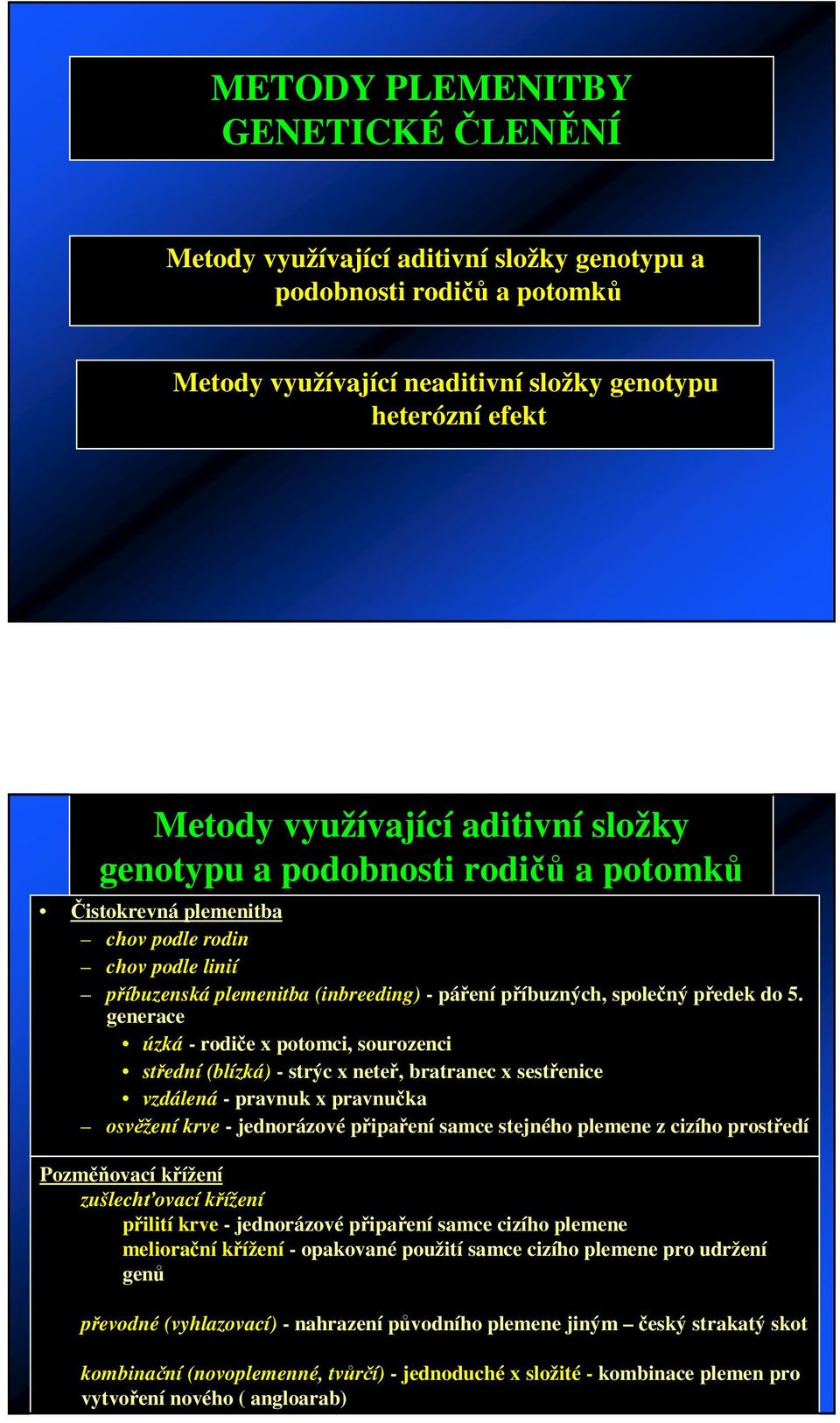 generace úzká - rodie x potomci, sourozenci stední (blízká) - strýc x nete, bratranec x sestenice vzdálená - pravnuk x pravnuka osvžení krve - jednorázové pipaení samce stejného plemene z cizího