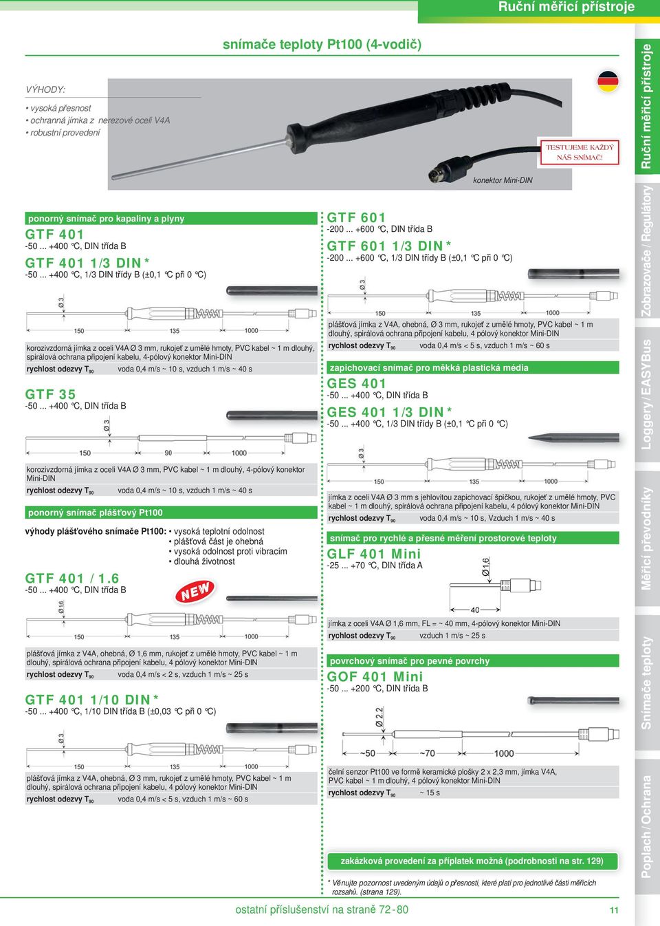 .. +400 C, 1/3 DIN třídy B (±0,1 C při 0 C) korozivzdorná jímka z oceli V4A mm, rukojeť z umělé hmoty, PVC kabel ~ 1 m dlouhý, spirálová ochrana připojení kabelu, 4-pólový konektor Mini-DIN rychlost