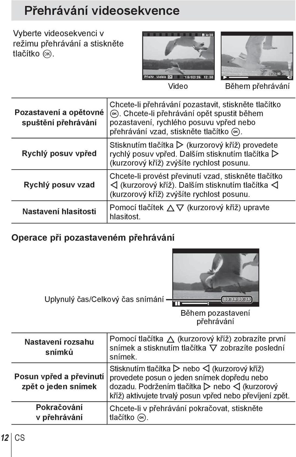 Chcete-li přehrávání pozastavit, stiskněte tlačítko A. Chcete-li přehrávání opět spustit během pozastavení, rychlého posuvu vpřed nebo přehrávání vzad, stiskněte tlačítko A.