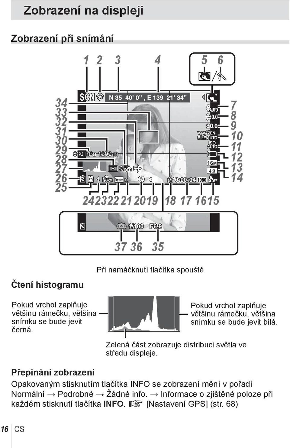 9 37 36 35 Čtení histogramu Při namáčknutí tlačítka spouště Pokud vrchol zaplňuje většinu rámečku, většina snímku se bude jevit černá.