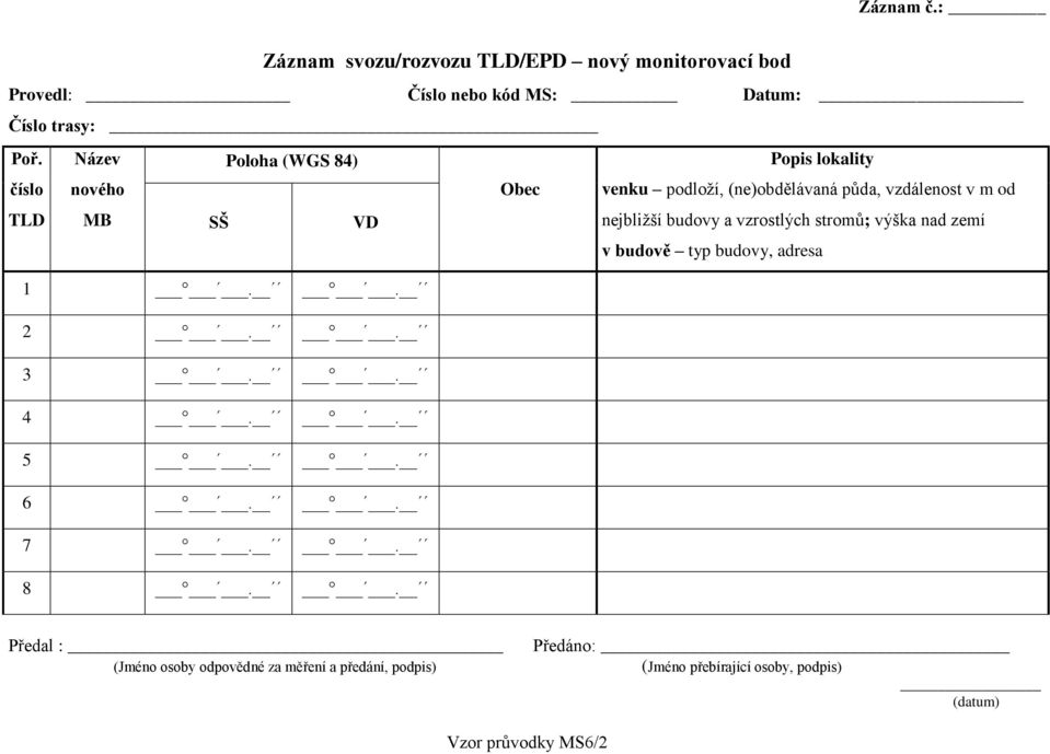 VD nejbližší budovy a vzrostlých stromů; výška nad zemí v budově typ budovy, adresa 1.. 2.. 3.. 4.. 5.. 6.. 7.. 8.