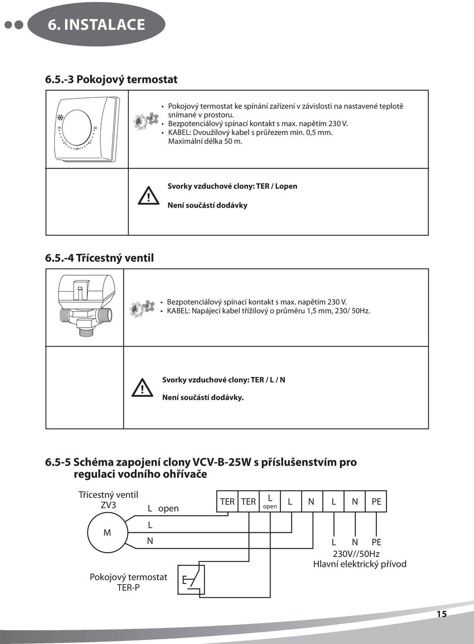 napětím 230 V. KABEL: Napájecí kabel třížilový o průměru 1,5 mm, 230/ 50Hz. Svorky vzduchové clony: TER / L / N Není součástí dodávky. 6.