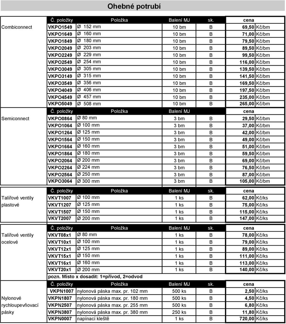 B 197,50 Kč/bm VKPO4549 Ø 457 mm 10 bm B 235,00 Kč/bm VKPO5049 Ø 508 mm 10 bm B 265,00 Kč/bm Č.