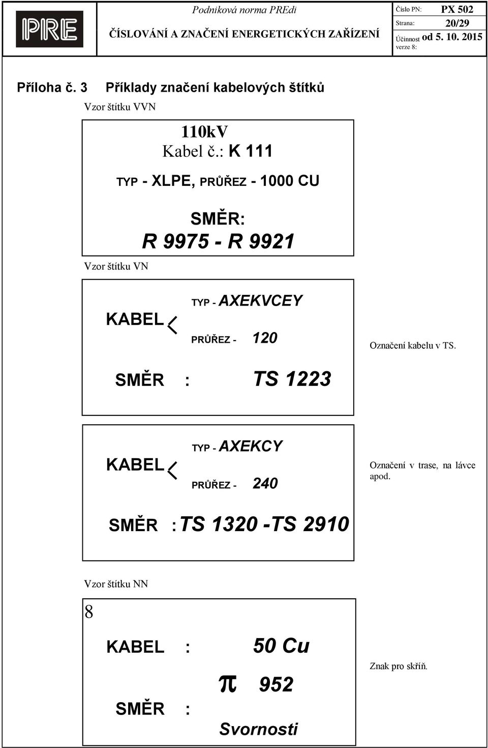 : K 111 TYP - XLPE, PRŮŘEZ - 1000 CU SMĚR: R 9975 - R 9921 KABEL TYP - AXEKVCEY PRŮŘEZ - 120