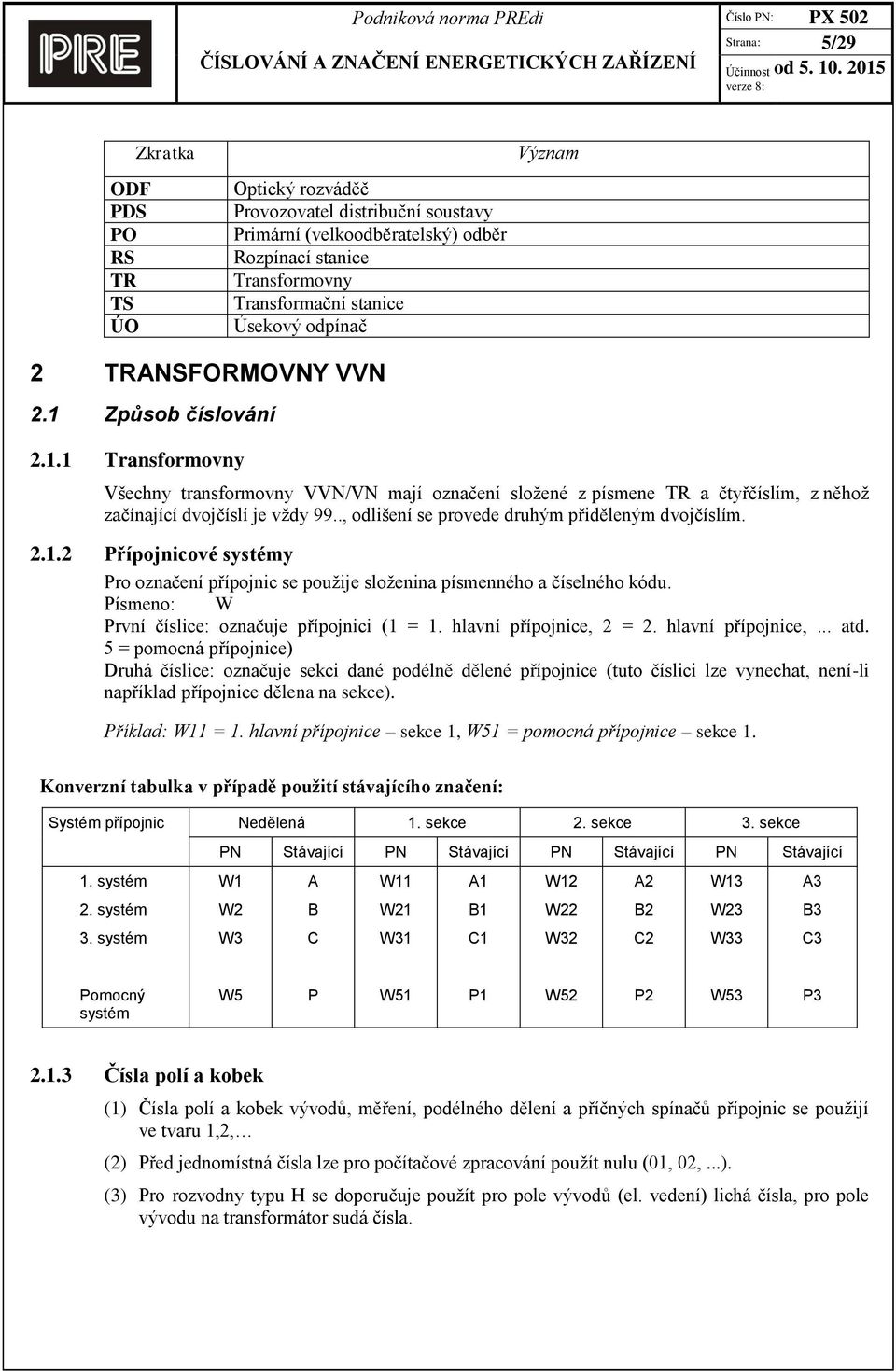 ., odlišení se provede druhým přiděleným dvojčíslím. 2.1.2 Přípojnicové systémy Pro označení přípojnic se použije složenina písmenného a číselného kódu.