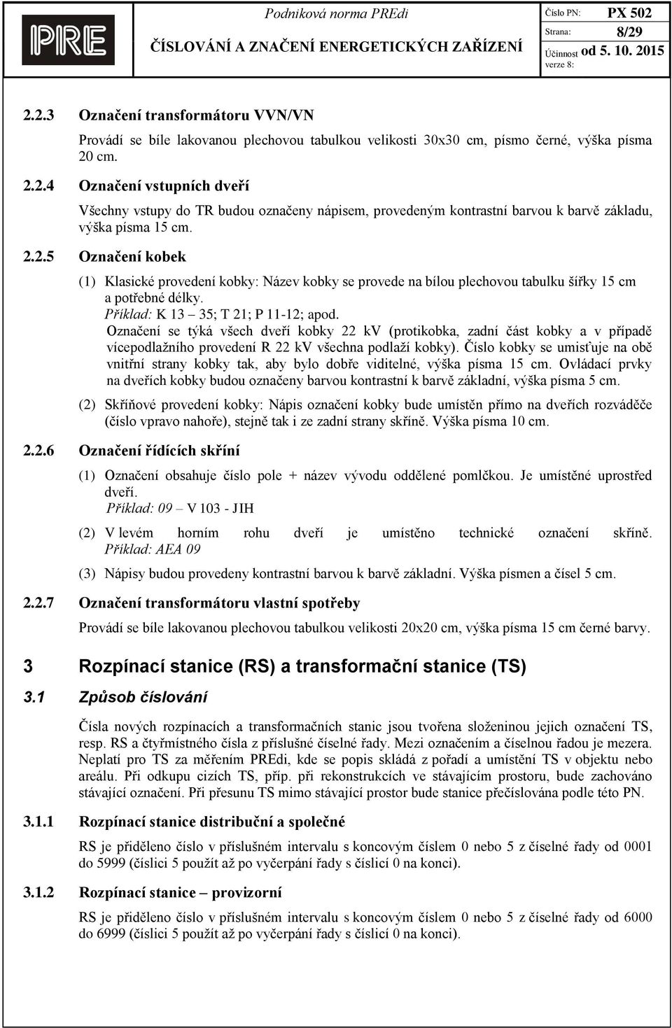 Označení se týká všech dveří kobky 22 kv (protikobka, zadní část kobky a v případě vícepodlažního provedení R 22 kv všechna podlaží kobky).