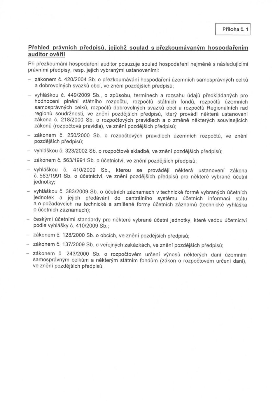 jejich vybranymi ustanovenimi: - zakonem c. 420/2004 Sb. o pfezkoumavani hospodafeni uzemnich samospravnycli celku a dobrovolnych svazku obci, ve zneni pozdejsich pfedpisu; - vyhlaskou c.