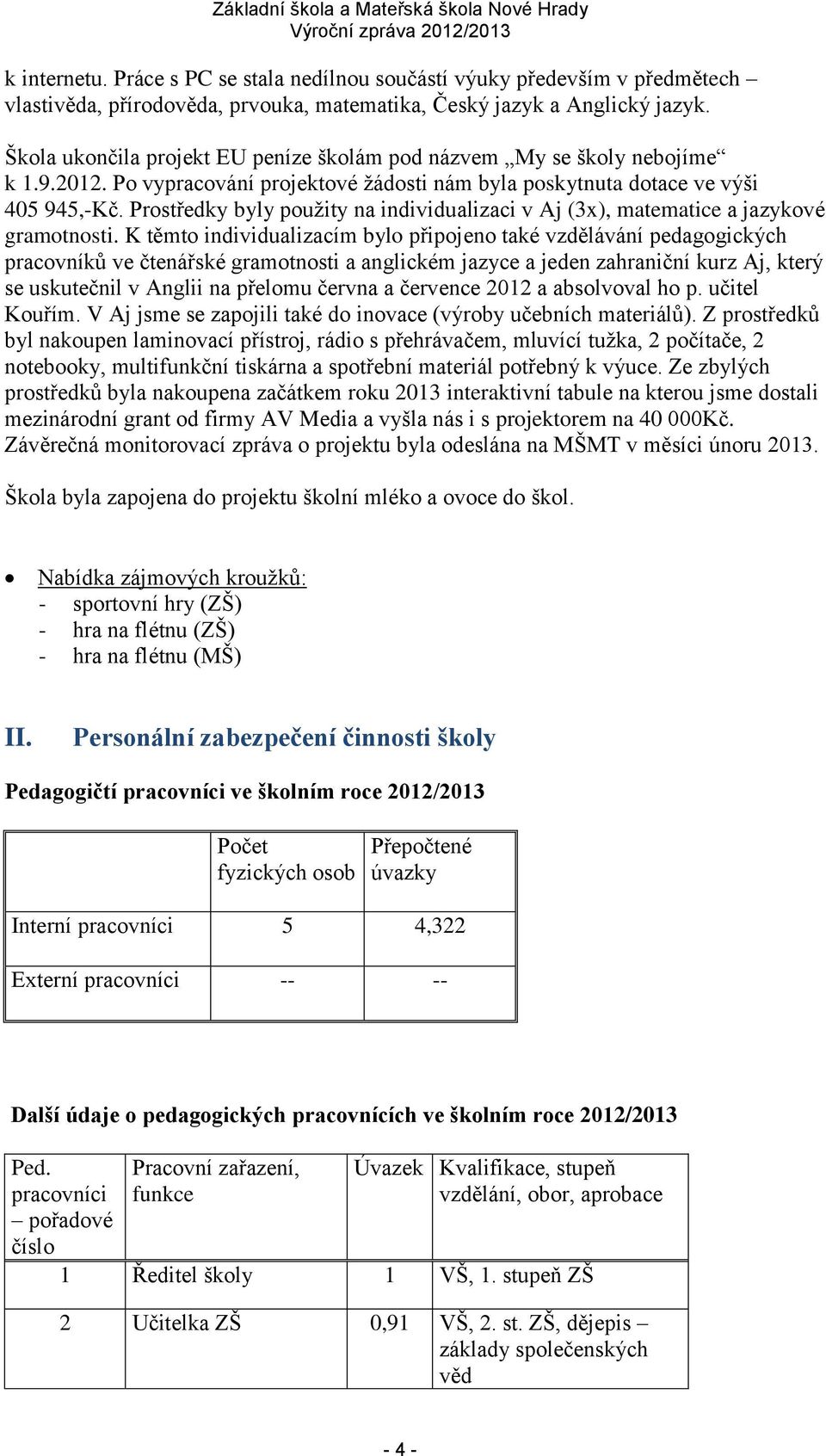 Prostředky byly použity na individualizaci v Aj (3x), matematice a jazykové gramotnosti.