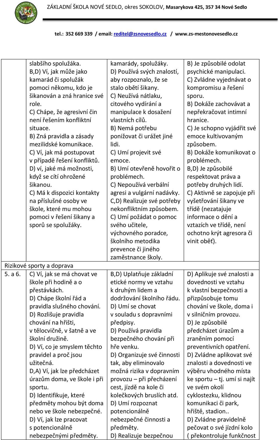 C) Má k dispozici kontakty na příslušné osoby ve škole, které mu mohou pomoci v řešení šikany a sporů se spolužáky. Rizikové sporty a doprava 5. a 6.