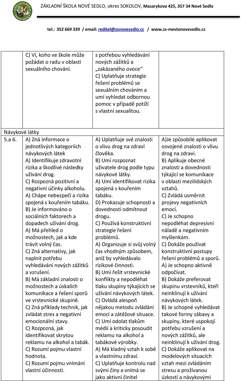 Návykové látky 5.a 6. A) Zná informace o jednotlivých kategoriích návykových látek A) Identifikuje zdravotní rizika a škodlivé následky užívání drog. C) Rozpozná pozitivní a negativní účinky alkoholu.