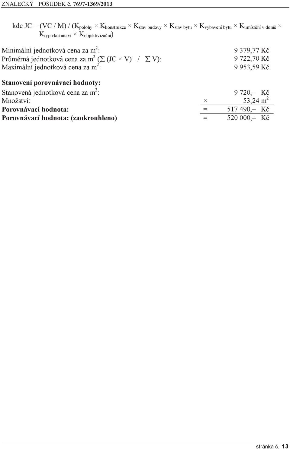 cena za m 2 : 9 379,77 Kč 9 722,70 Kč 9 953,59 Kč Stanovení porovnávací hodnoty: Stanovená jednotková cena za m 2 : 9