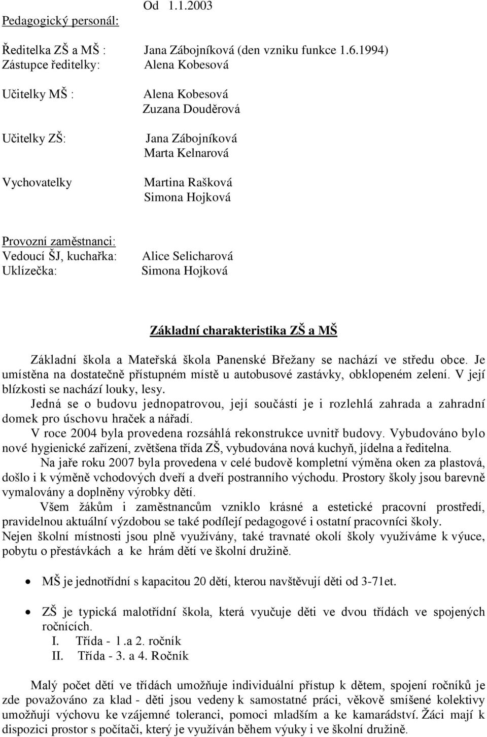 Vedoucí ŠJ, kuchařka: Uklízečka: Alice Selicharová Simona Hojková Základní charakteristika ZŠ a MŠ Základní škola a Mateřská škola Panenské Břežany se nachází ve středu obce.