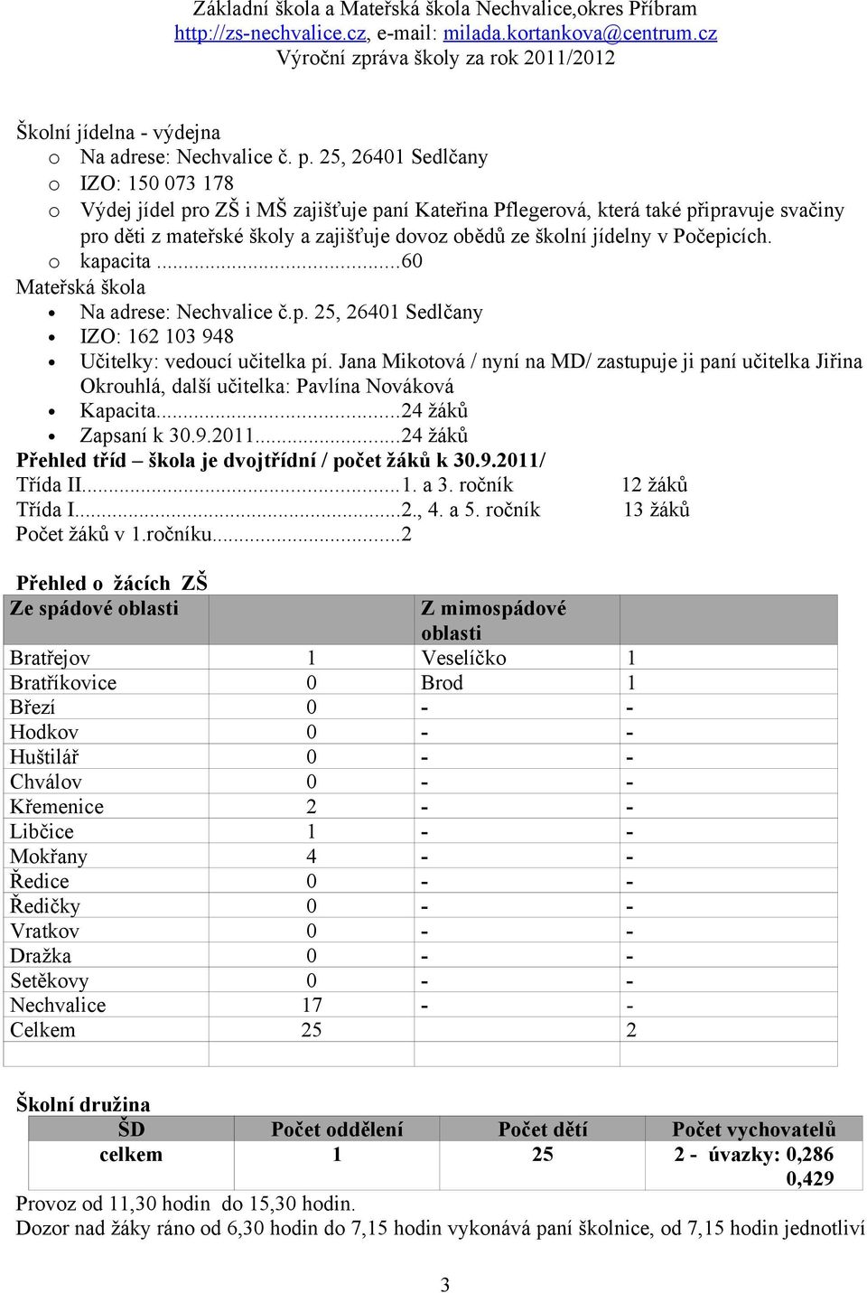 Počepicích. o kapacita...60 Mateřská škola Na adrese: Nechvalice č.p. 25, 26401 Sedlčany IZO: 162 103 948 Učitelky: vedoucí učitelka pí.