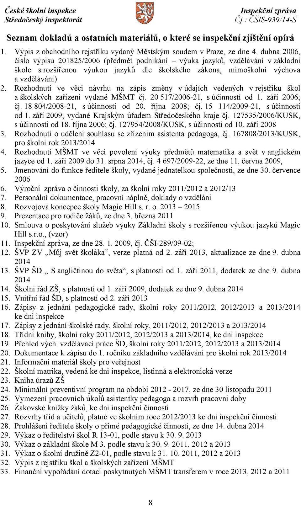 Rozhodnutí ve věci návrhu na zápis změny v údajích vedených v rejstříku škol a školských zařízení vydané MŠMT čj. 20 517/2006-21, súčinností od 1. září 2006; čj. 18 804/2008-21, s účinností od 20.