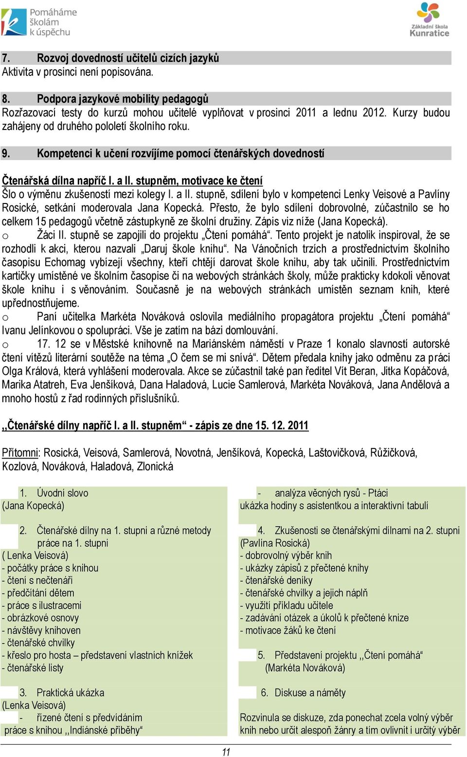 stupněm, motivace ke čtení Šlo o výměnu zkušeností mezi kolegy I. a II. stupně, sdílení bylo v kompetenci Lenky Veisové a Pavlíny Rosické, setkání moderovala Jana Kopecká.