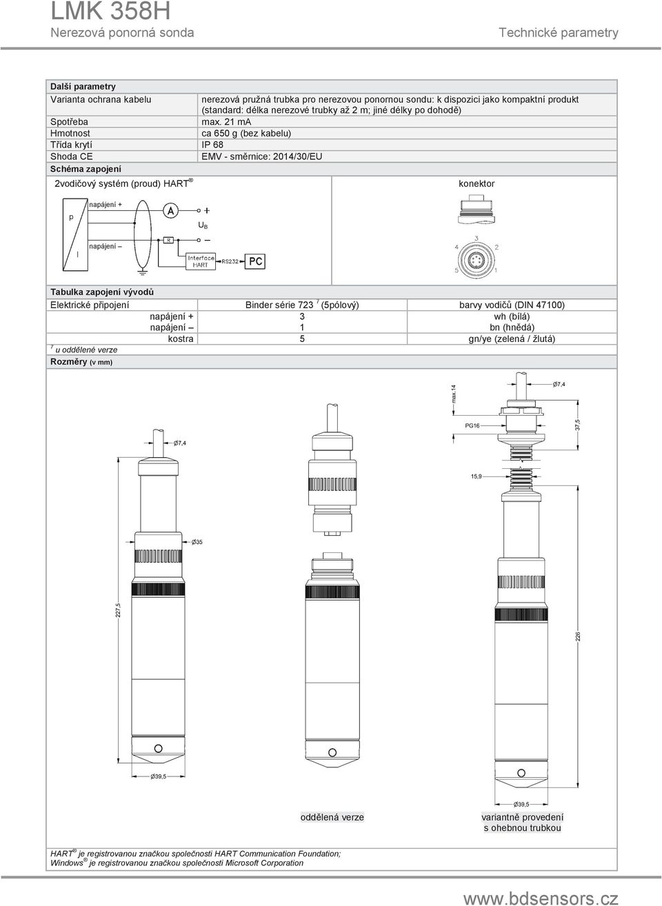 2 ma Hmotnost ca 650 g (bez kabelu) Tída krytí IP 68 Shoda CE EMV - smrnice: 204/0/EU Schéma zapojení 2vodiový systém (proud) HART konektor napájení + U B napájení Tabulka zapojení vývod