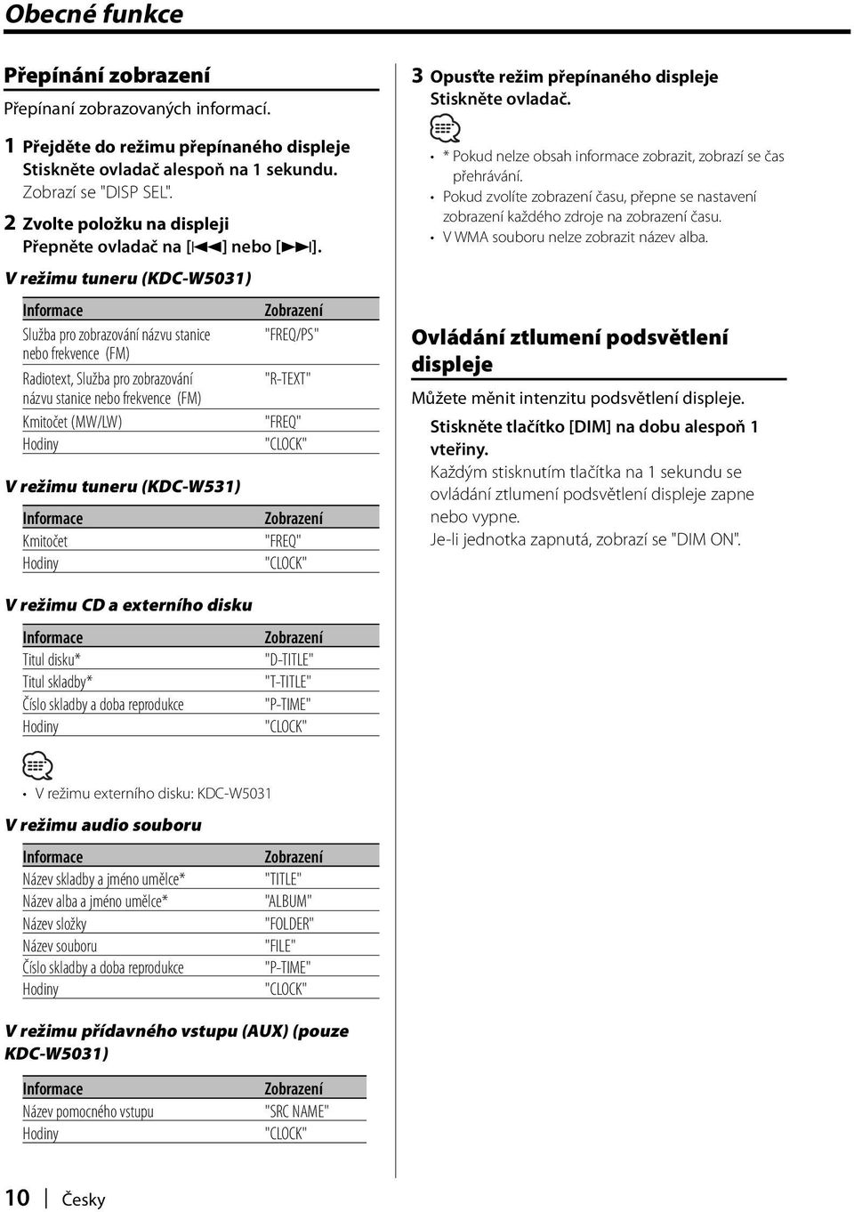 V režimu tuneru (KDC-W5031) Informace Služba pro zobrazování názvu stanice nebo frekvence (FM) Radiotext, Služba pro zobrazování názvu stanice nebo frekvence (FM) Kmitočet (MW/LW) Hodiny V režimu