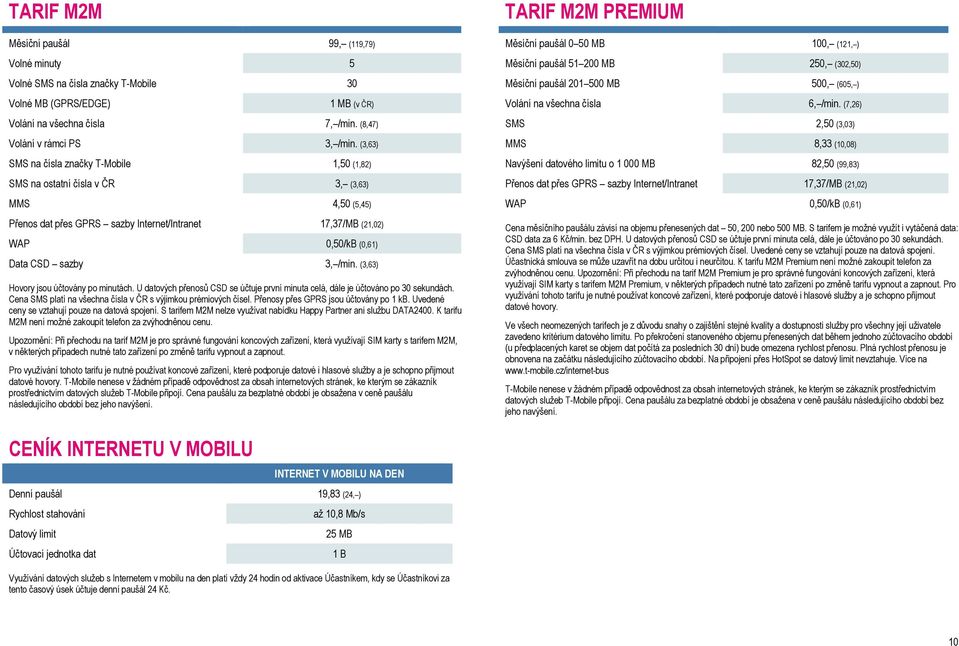 /min. (3,63) Hovory jsou účtovány po minutách. U datových přenosů CSD se účtuje první minuta celá, dále je účtováno po 30 sekundách. Cena SMS platí na všechna čísla v ČR s výjimkou prémiových čísel.