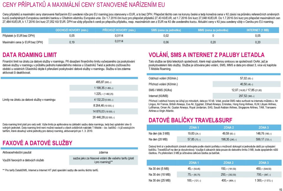 2016 činí kurz pro přepočet příplatků 27,43 Kč/EUR, od 1.7.2016 činí kurz 27,048 Kč/EUR. Do 1.7.2016 činí kurz pro přepočet maximálních cen 27,484 Kč/EUR, k 1.7.2016 činí kurz 27,052 Kč/ EUR.