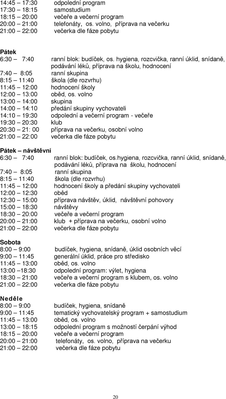 hygiena, rozcvička, ranní úklid, snídaně, podávání léků, příprava na školu, hodnocení 7:40 8:05 ranní skupina 8:15 11:40 škola (dle rozvrhu) 11:45 12:00 hodnocení školy 12:00 13:00 oběd, os.