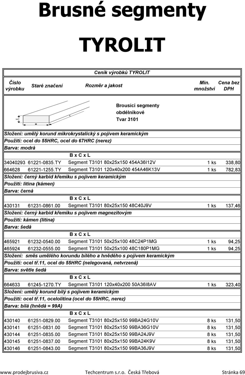 TY Segment T3101 120x40x200 454A46K13V 1 ks 782,83 Složení: černý karbid křemíku s pojivem keramickým Použití: litina (kámen) 430131 61231-0861.