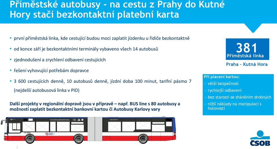 doba 100 minut, tarifní pásmo 7 (nejdelší autobusová linka v PID) Další projekty v regionální dopravě jsou v přípravě např.