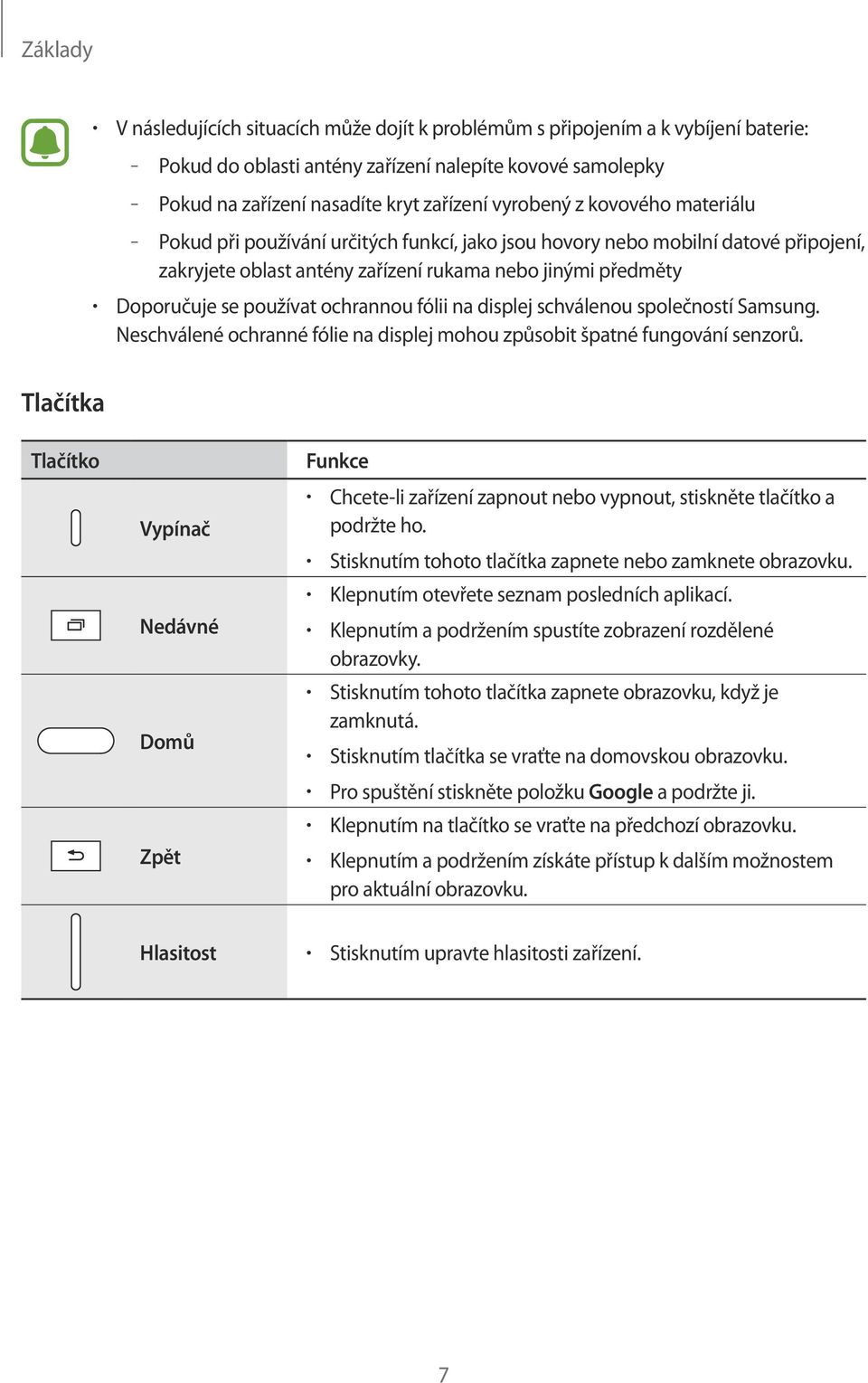 ochrannou fólii na displej schválenou společností Samsung. Neschválené ochranné fólie na displej mohou způsobit špatné fungování senzorů.