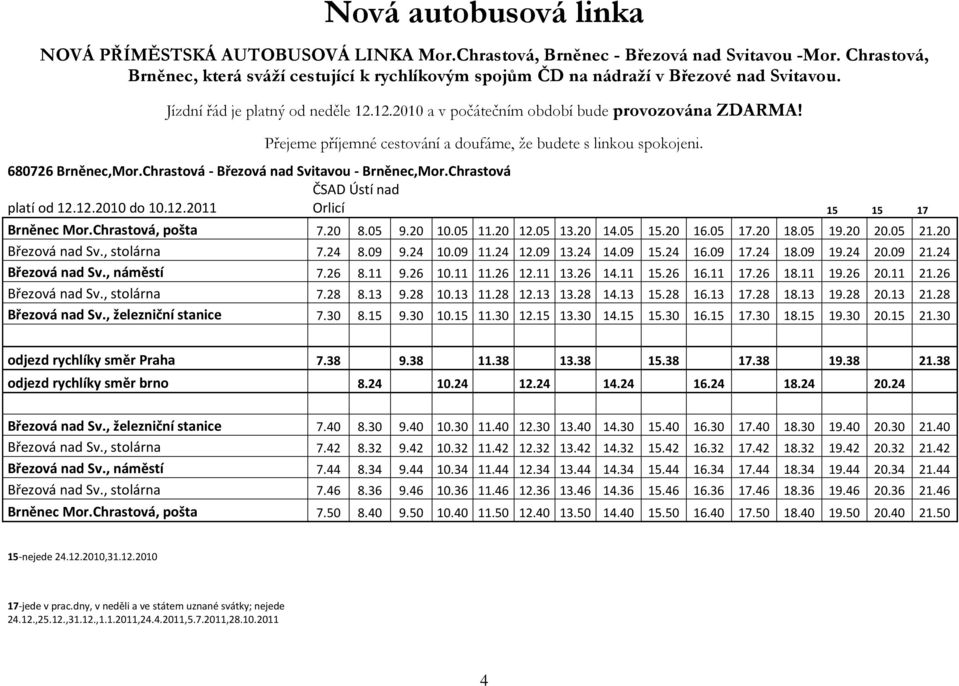 Přejeme příjemné cestování a doufáme, že budete s linkou spokojeni. 680726 Brněnec,Mor.Chrastová - Březová nad Svitavou - Brněnec,Mor.Chrastová ČSAD Ústí nad platí od 12.