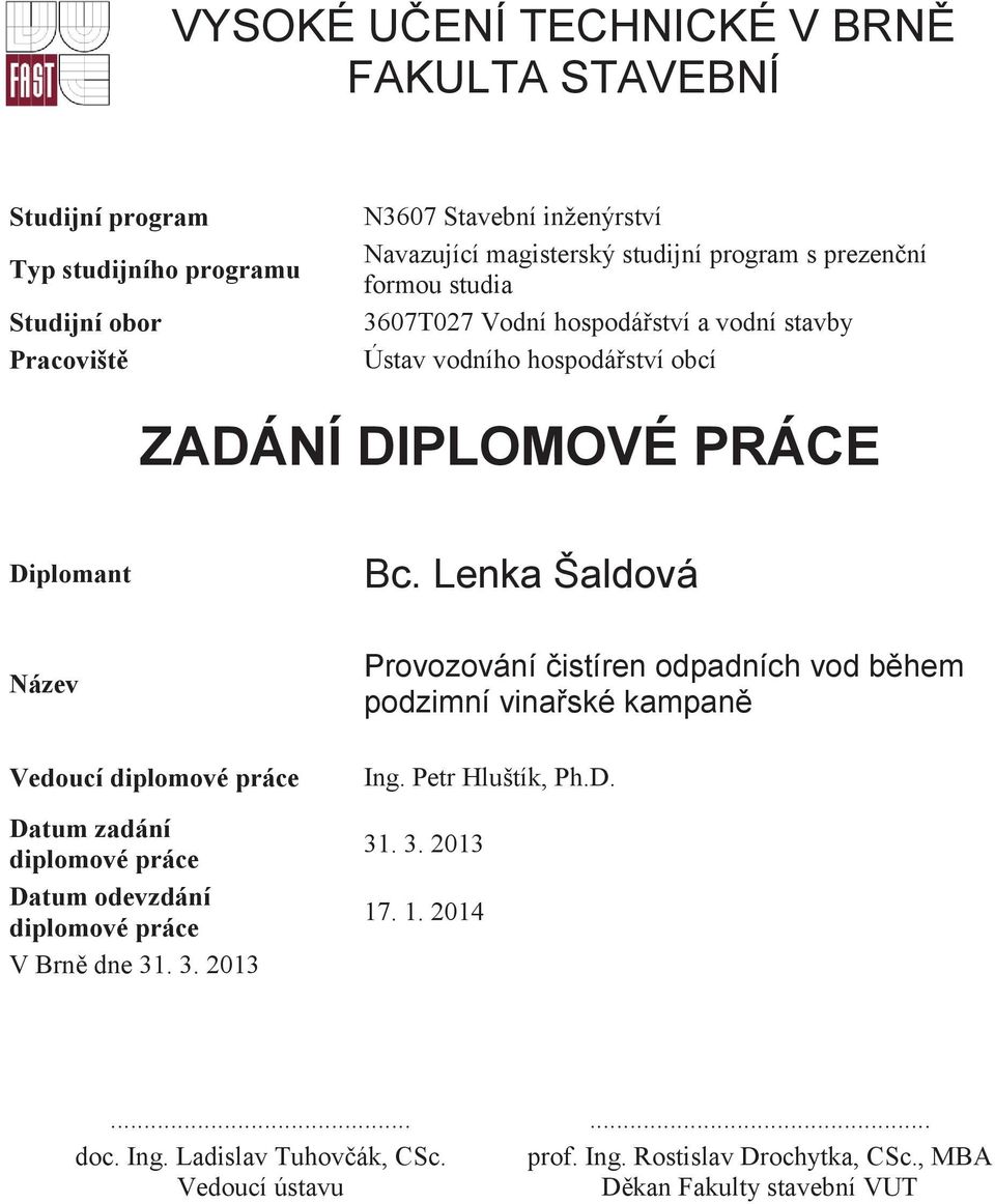 Lenka Šaldová Název Vedoucí diplomové práce Datum zadání diplomové práce Datum odevzdání diplomové práce V Brně dne 31