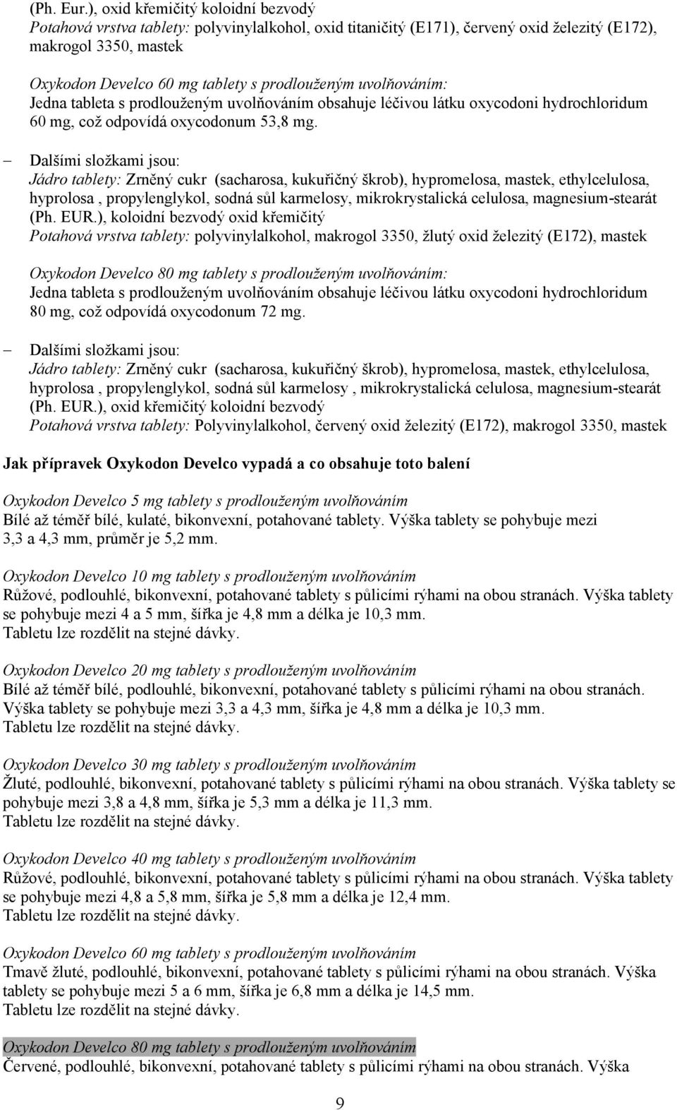 uvolňováním: 60 mg, což odpovídá oxycodonum 53,8 mg. hyprolosa, propylenglykol, sodná sůl karmelosy, mikrokrystalická celulosa, magnesium-stearát (Ph. EUR.