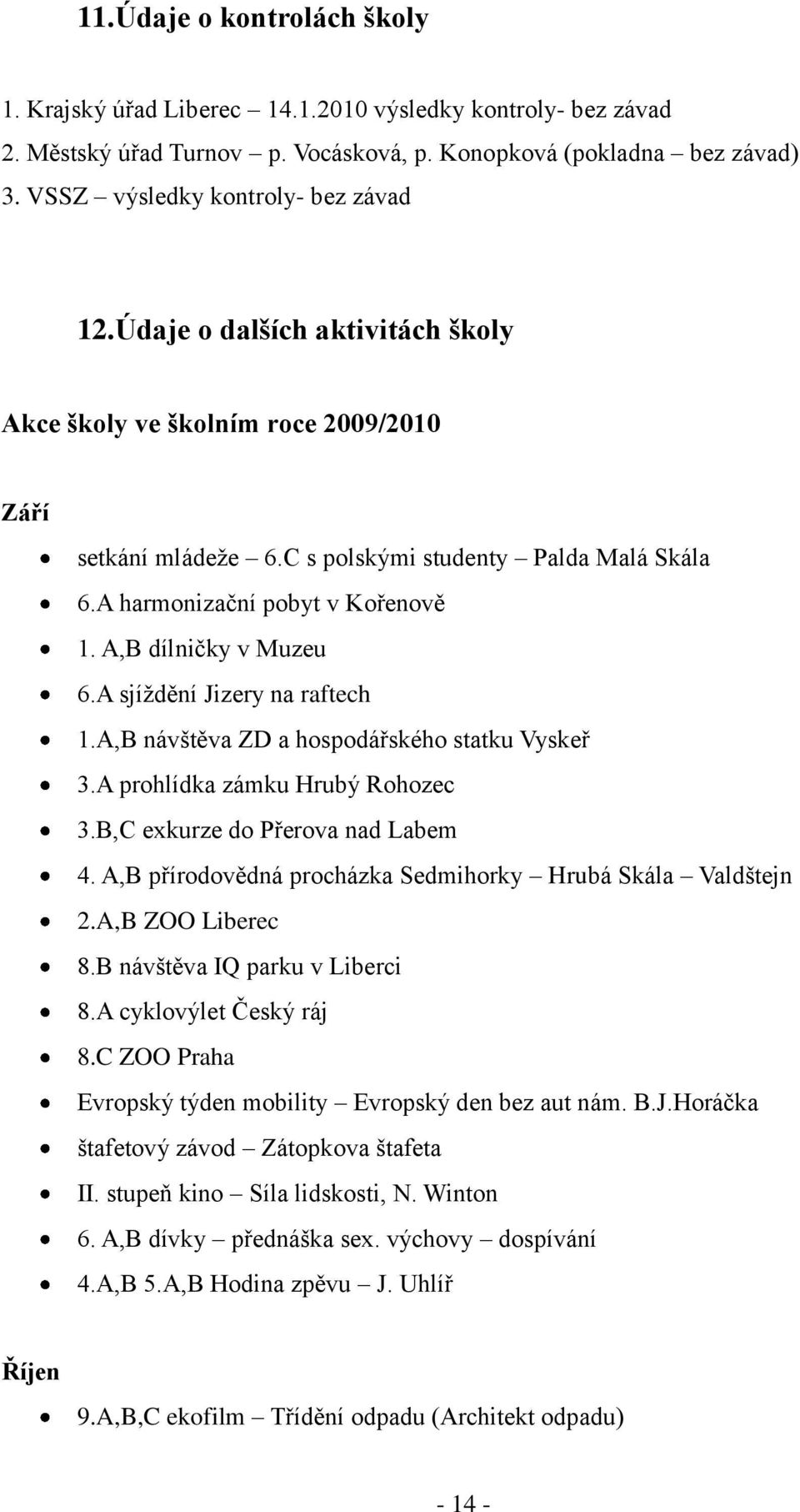 A harmonizační pobyt v Kořenově 1. A,B dílničky v Muzeu 6.A sjíţdění Jizery na raftech 1.A,B návštěva ZD a hospodářského statku Vyskeř 3.A prohlídka zámku Hrubý Rohozec 3.