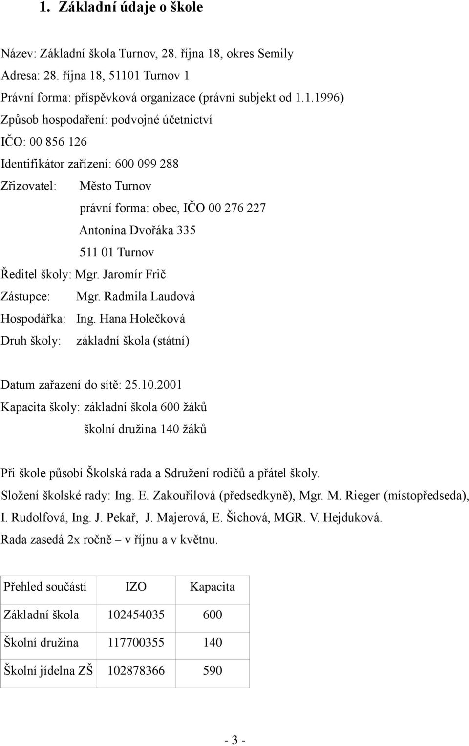 Jaromír Frič Zástupce: Mgr. Radmila Laudová Hospodářka: Ing. Hana Holečková Druh školy: základní škola (státní) Datum zařazení do sítě: 25.10.