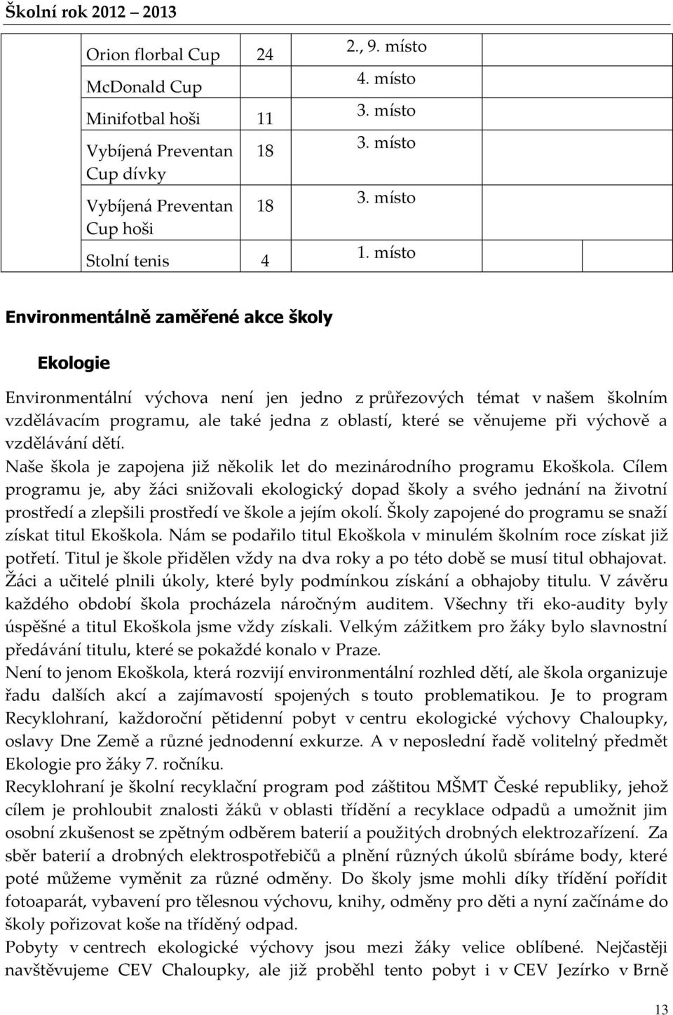 výchově a vzdělávání dětí. Naše škola je zapojena již několik let do mezinárodního programu Ekoškola.