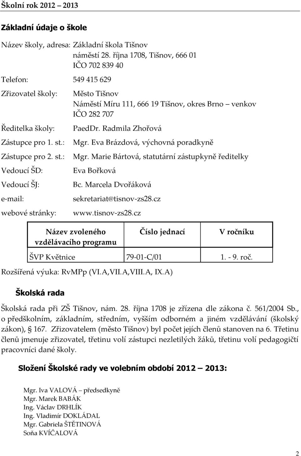 Eva Brázdová, výchovná poradkyně Mgr. Marie Bártová, statutární zástupkyně ředitelky Eva Bořková Bc. Marcela Dvořáková sekretariat@tisnov-zs28.