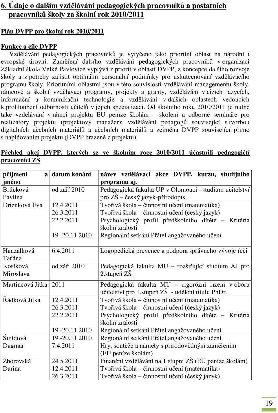 Zaměření dalšího vzdělávání pedagogických pracovníků v organizaci Základní škola Velké Pavlovice vyplývá z priorit v oblastí DVPP, z koncepce dalšího rozvoje školy a z potřeby zajistit optimální