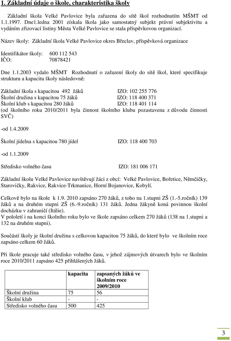 Název školy: Základní škola Velké Pavlovice okres Břeclav, příspěvková organizace Identifikátor školy: 600 11