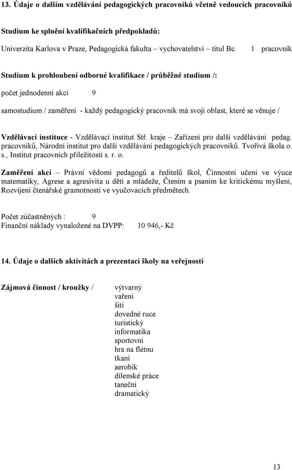 Vzdělávací instituce - Vzdělávací institut Stř. kraje Zařízení pro další vzdělávání pedag. pracovníků, Národní institut pro další vzdělávání pedagogických pracovníků. Tvořivá škola o. s.