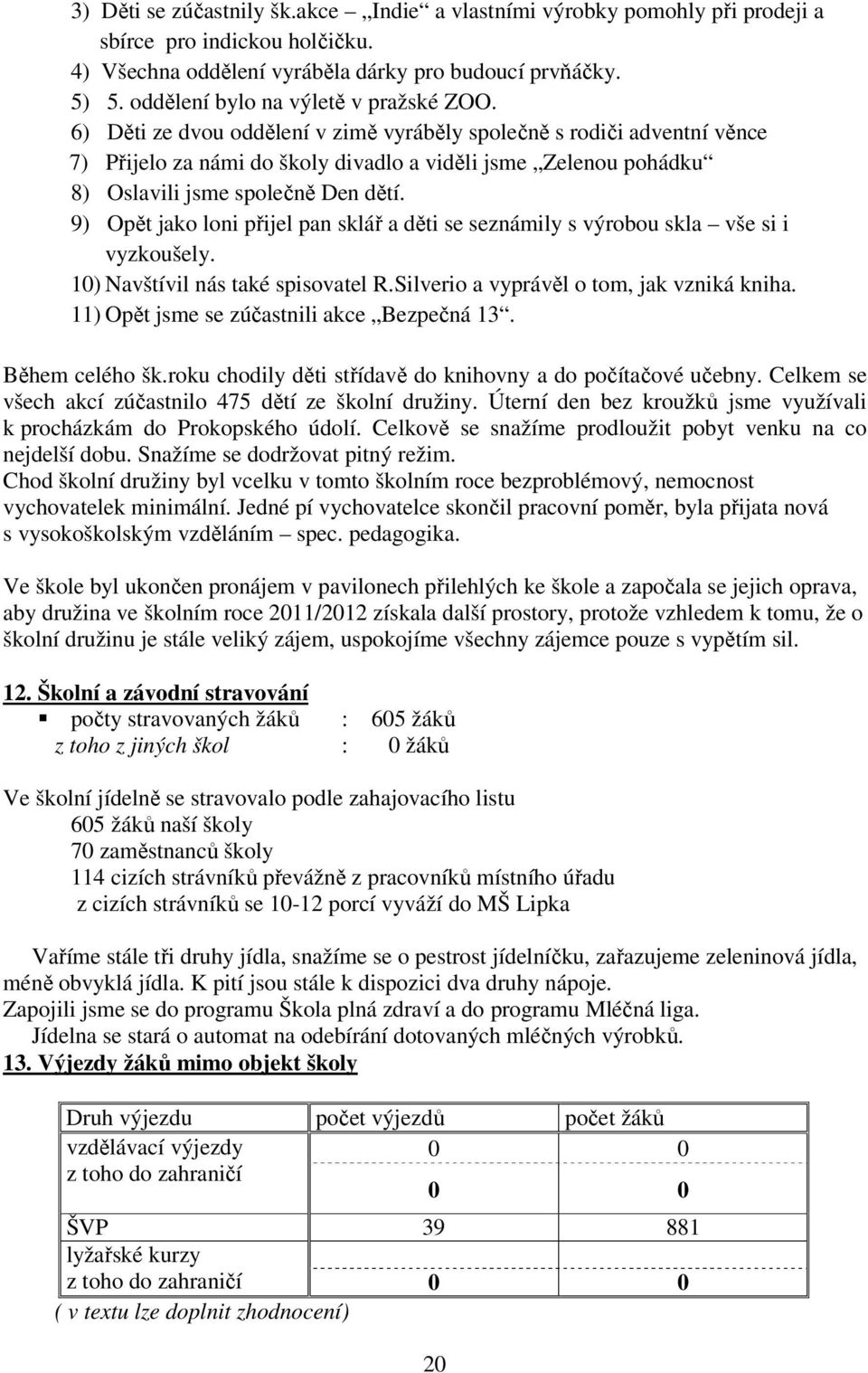 6) Děti ze dvou oddělení v zimě vyráběly společně s rodiči adventní věnce 7) Přijelo za námi do školy divadlo a viděli jsme Zelenou pohádku 8) Oslavili jsme společně Den dětí.