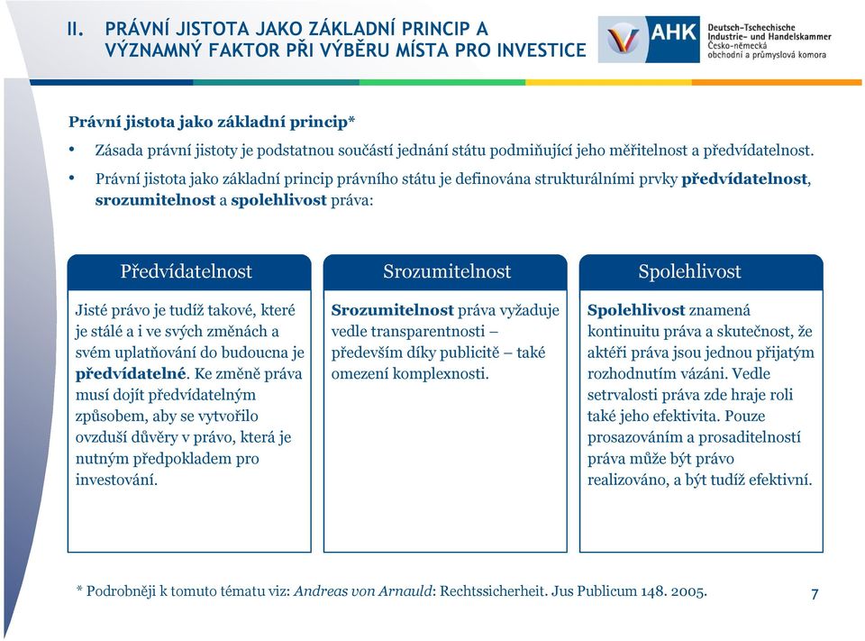 Právní jistota jako základní princip právního státu je definována strukturálními prvky předvídatelnost, srozumitelnost a spolehlivost práva: Předvídatelnost Jisté právo je tudíž takové, které je