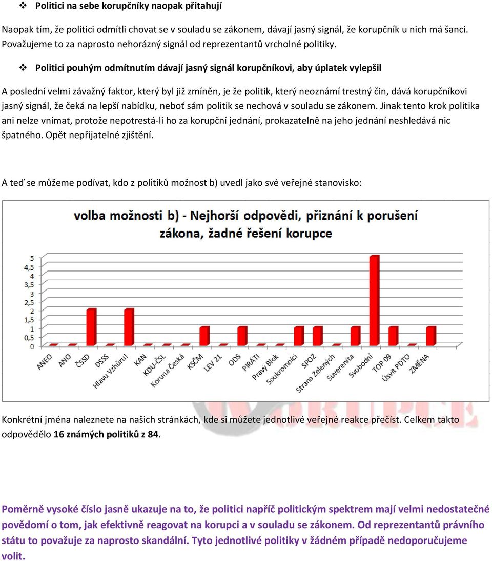 Politici pouhým odmítnutím dávají jasný signál korupčníkovi, aby úplatek vylepšil A poslední velmi závažný faktor, který byl již zmíněn, je že politik, který neoznámí trestný čin, dává korupčníkovi