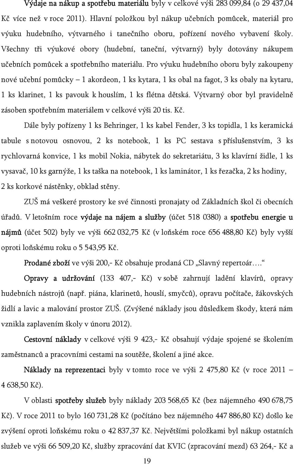 Všechny tři výukové obory (hudební, taneční, výtvarný) byly dotovány nákupem učebních pomůcek a spotřebního materiálu.