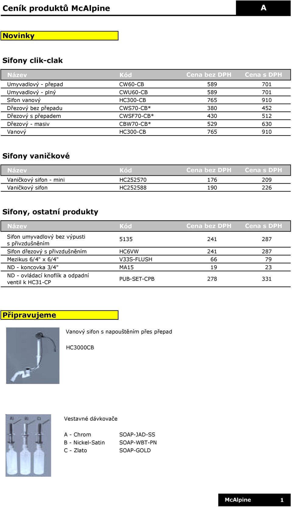 DPH Sifon umyvadlový bez výpusti s přivzdušněním Sifon dřezový s přivzdušněním HC6VW 241 287 Mezikus 6/4" x 6/4" V33S-FLUSH 66 79 ND - koncovka 3/4" M15 19 23 ND - ovládací knoflík a odpadní ventil