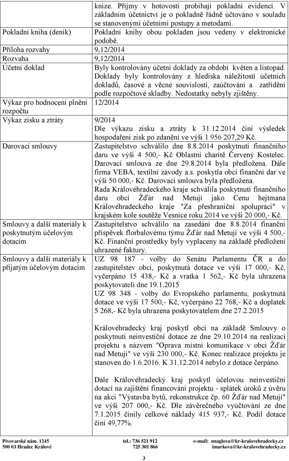 Příloha rozvahy 9,12/2014 Rozvaha 9,12/2014 Účetní doklad Byly kontrolovány účetní doklady za období květen a listopad.