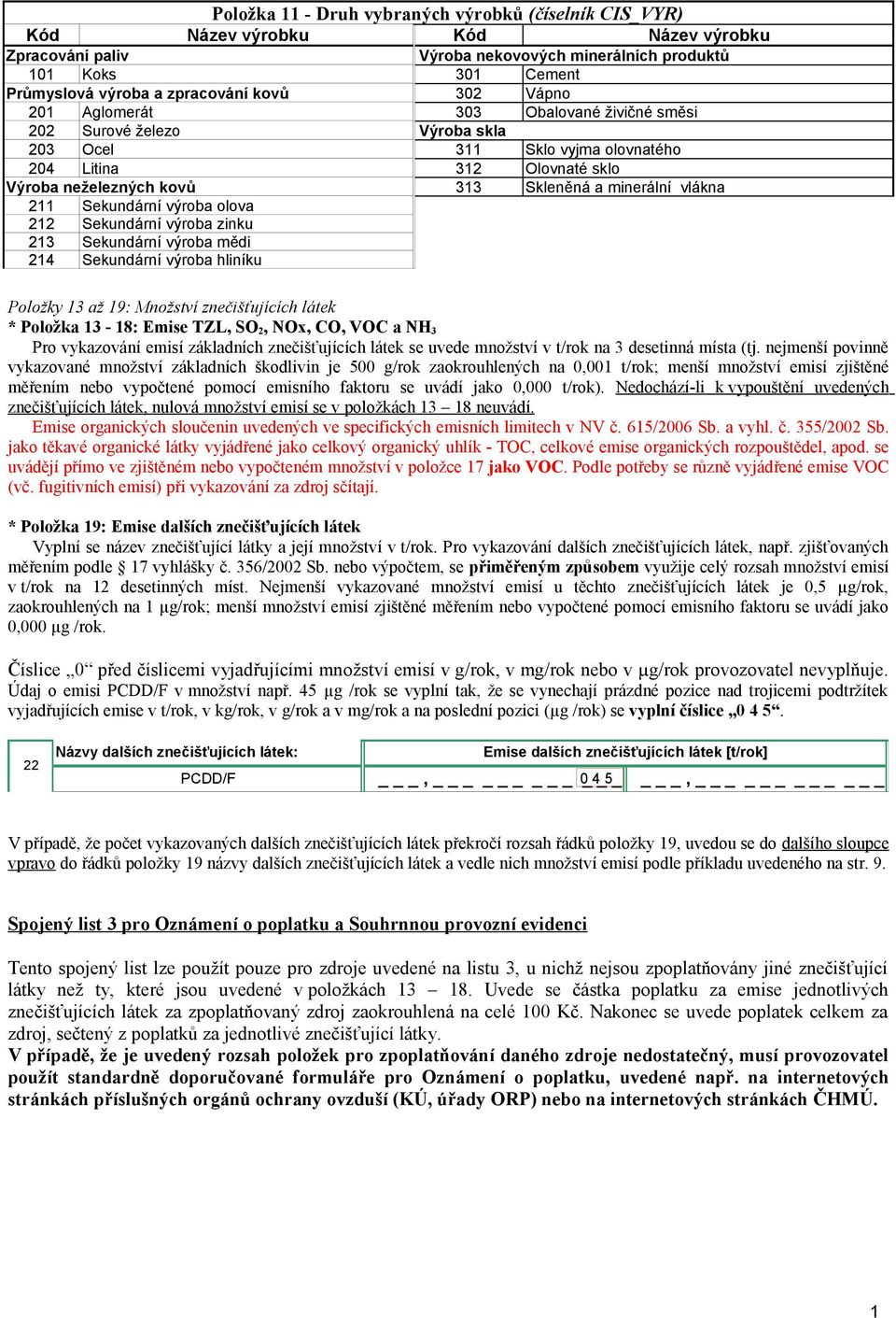 vlákna 211 Sekundární výroba olova 212 Sekundární výroba zinku 213 Sekundární výroba mědi 214 Sekundární výroba hliníku Položky 13 až 19: Množství znečišťujících látek * Položka 13-18: Emise TZL, SO