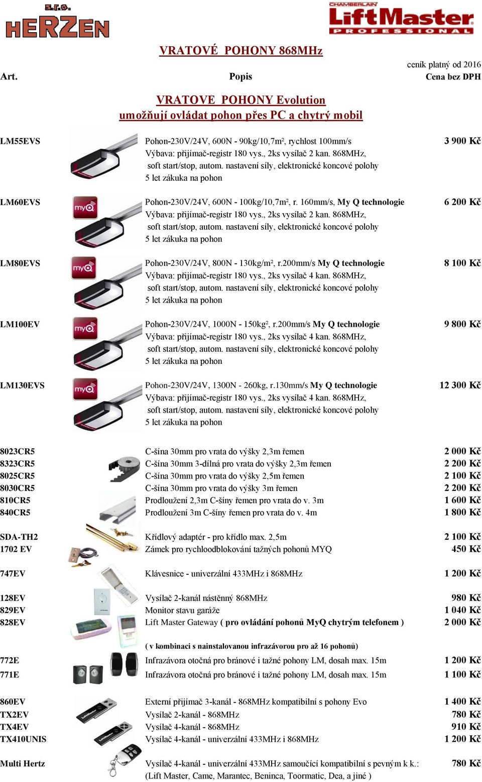 160mm/s, My Q technologie 6 200 Kč Výbava: přijímač-registr 180 vys., 2ks vysílač 2 kan. 868MHz, soft start/stop, autom.