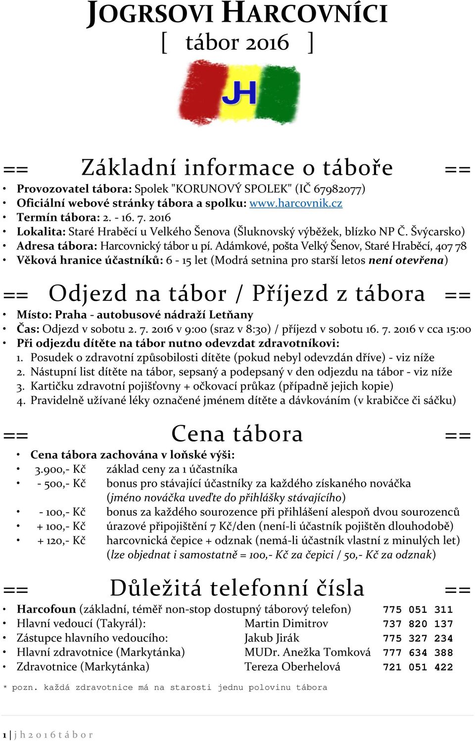 Adámkové, pošta Velký Šenov, Staré Hraběcí, 407 78 Věková hranice účastníků: 6-15 let (Modrá setnina pro starší letos není otevřena) == Odjezd na tábor / Příjezd z tábora == Místo: Praha - autobusové